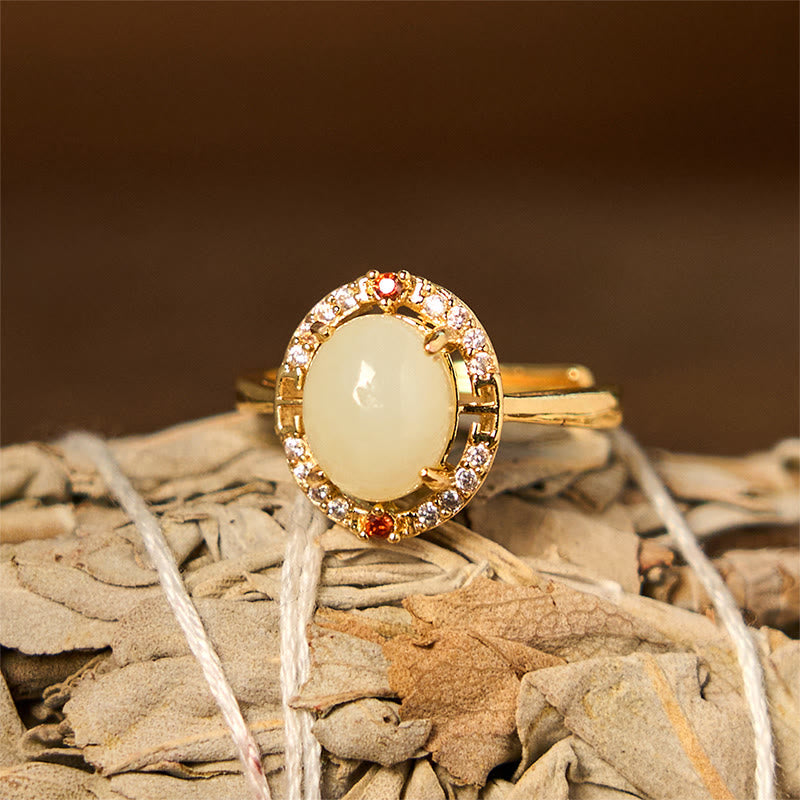 Natural Hetian Jade Zirconia Egg Copper Open Luck Ring