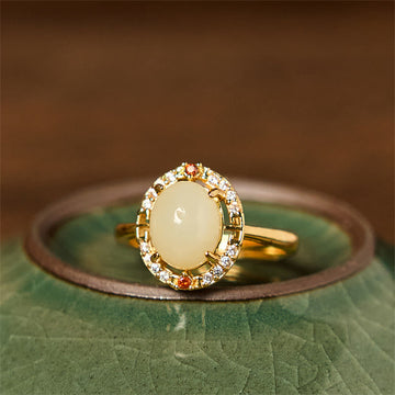 Natural Hetian Jade Zirconia Egg Copper Open Luck Ring