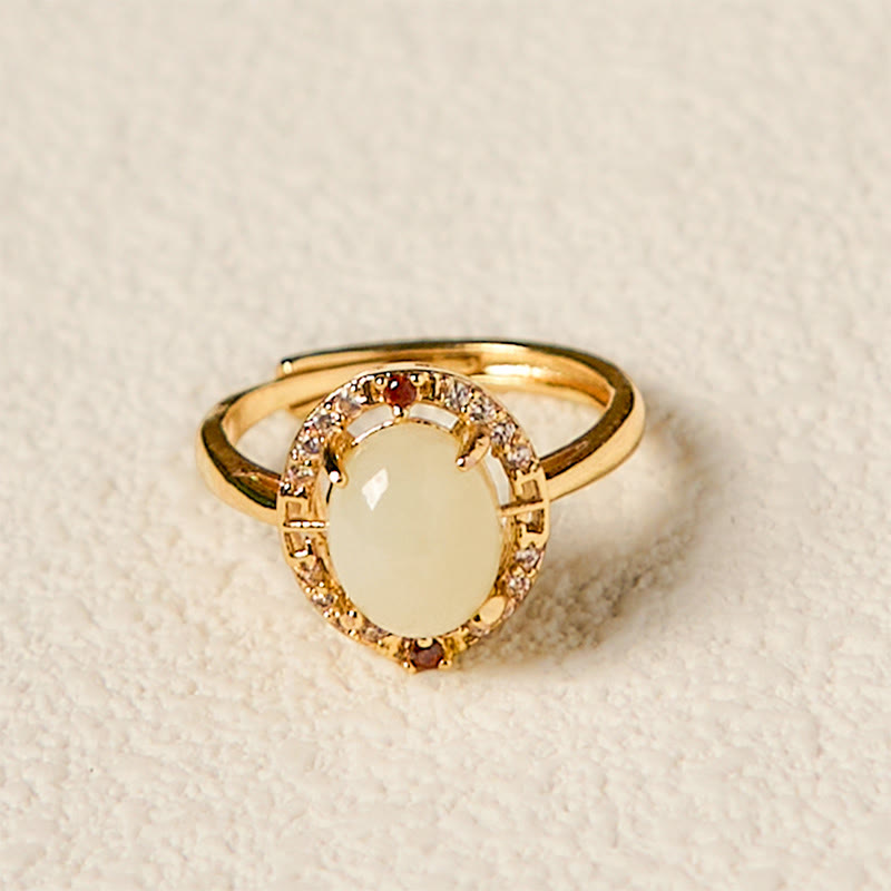 Natural Hetian Jade Zirconia Egg Copper Open Luck Ring