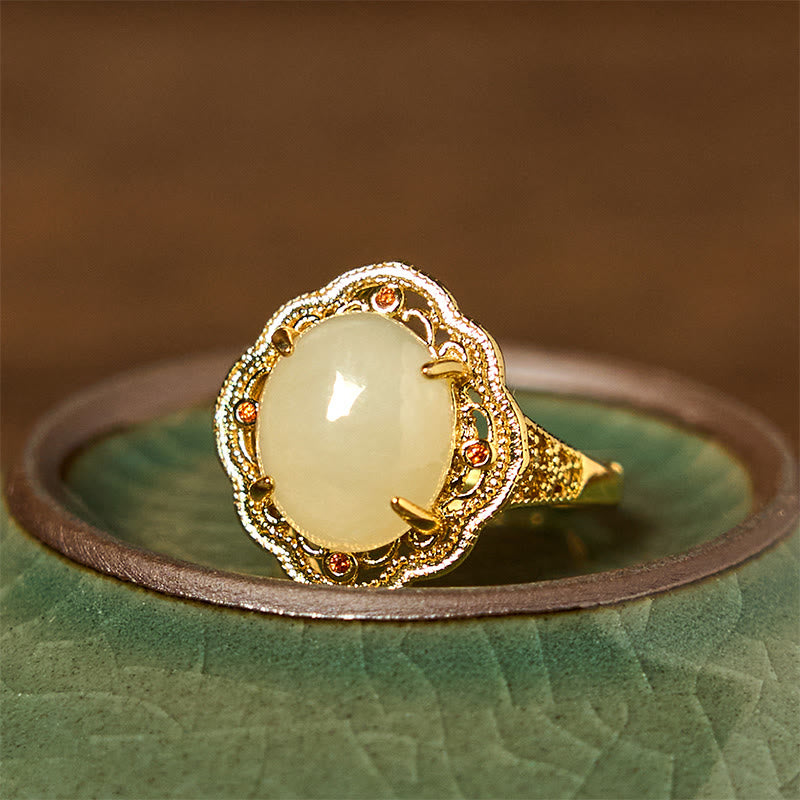 Natural Hetian Jade Vintage Egg Copper Open Luck Ring