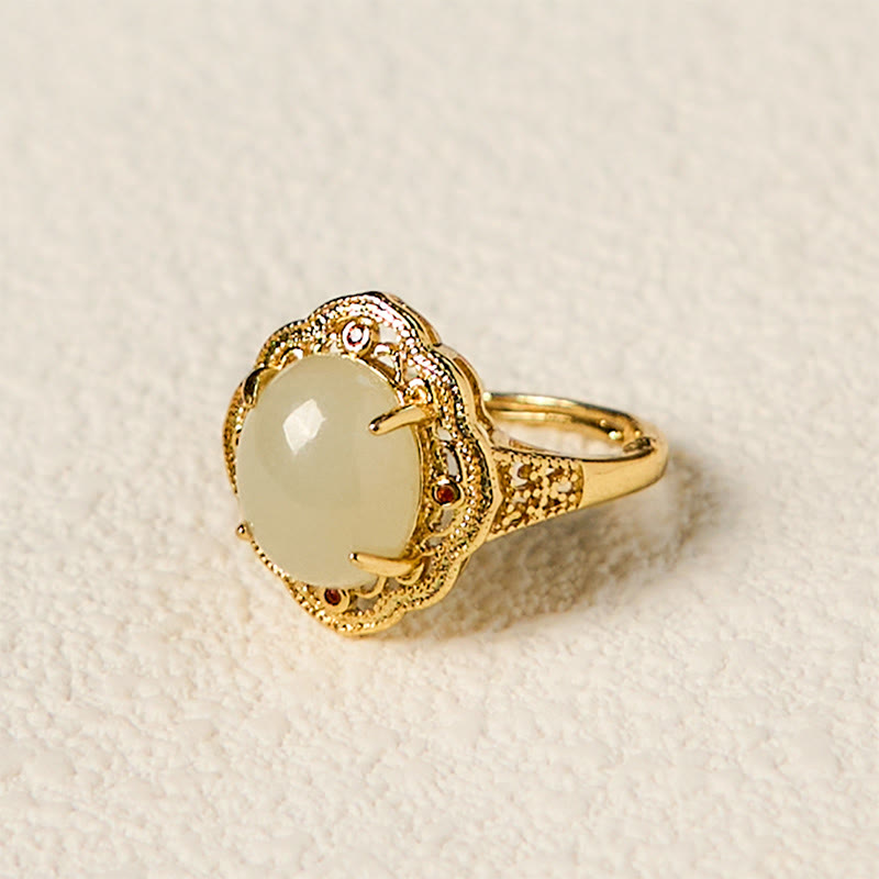 Natural Hetian Jade Vintage Egg Copper Open Luck Ring