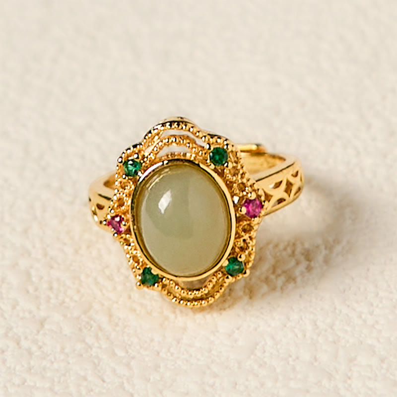 Natural Hetian Jade Egg Gold Plated Copper Hollow Pattern Open Ring