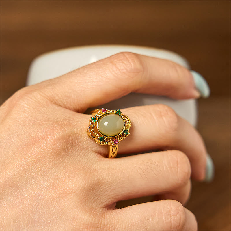 Natural Hetian Jade Egg Gold Plated Copper Hollow Pattern Open Ring