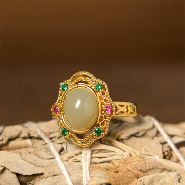 Natural Hetian Jade Egg Gold Plated Copper Hollow Pattern Open Ring