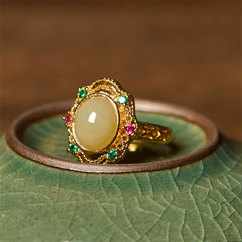 Natural Hetian Jade Egg Gold Plated Copper Hollow Pattern Open Ring
