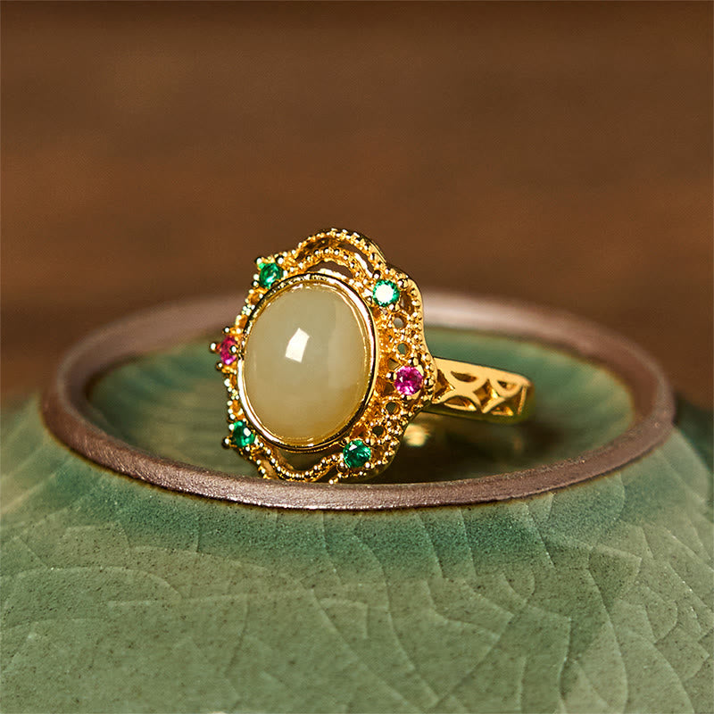 Natural Hetian Jade Egg Gold Plated Copper Hollow Pattern Open Ring
