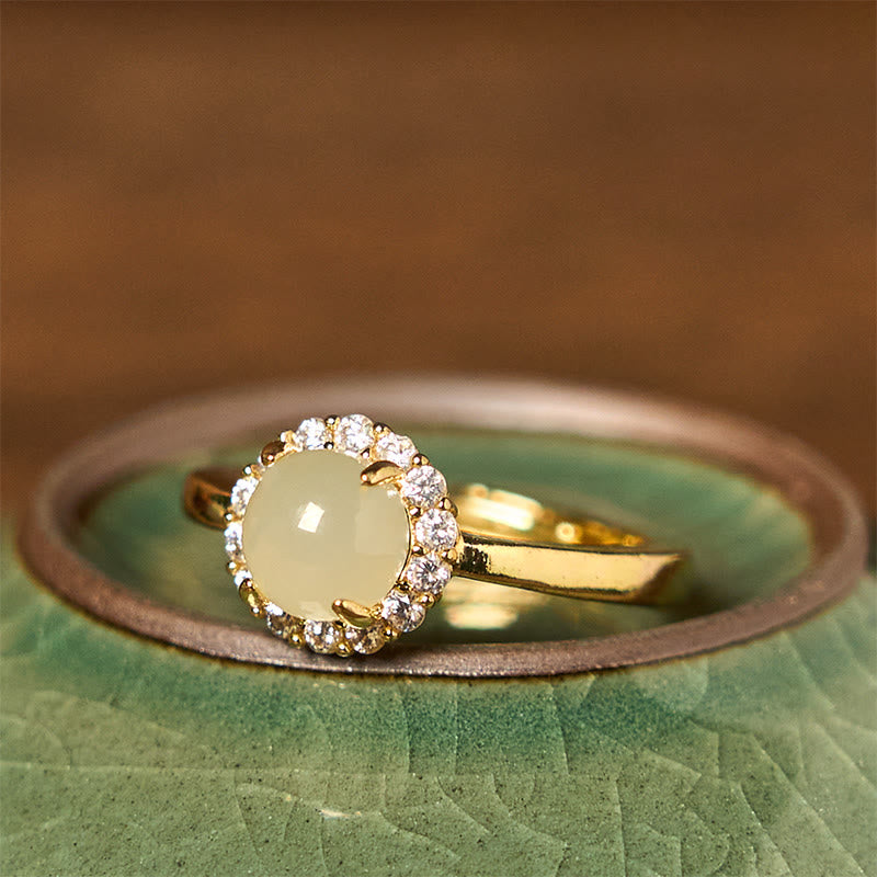 Polished Hetian Jade Egg Gold Tone Copper Open Adjustable Ring
