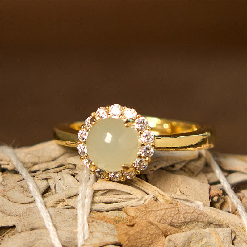 Polished Hetian Jade Egg Gold Tone Copper Open Adjustable Ring
