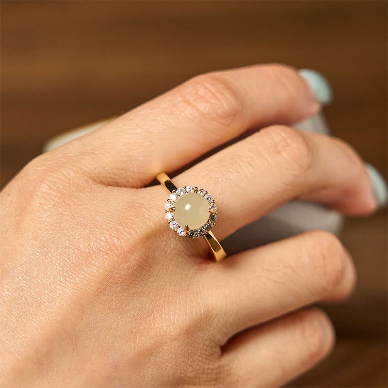 Polished Hetian Jade Egg Gold Tone Copper Open Adjustable Ring