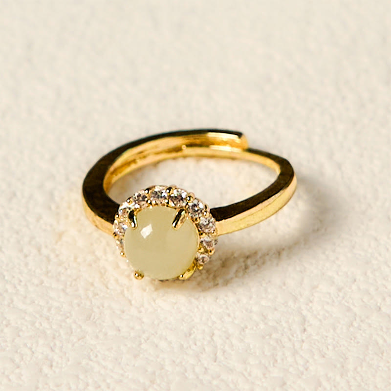 Polished Hetian Jade Egg Gold Tone Copper Open Adjustable Ring