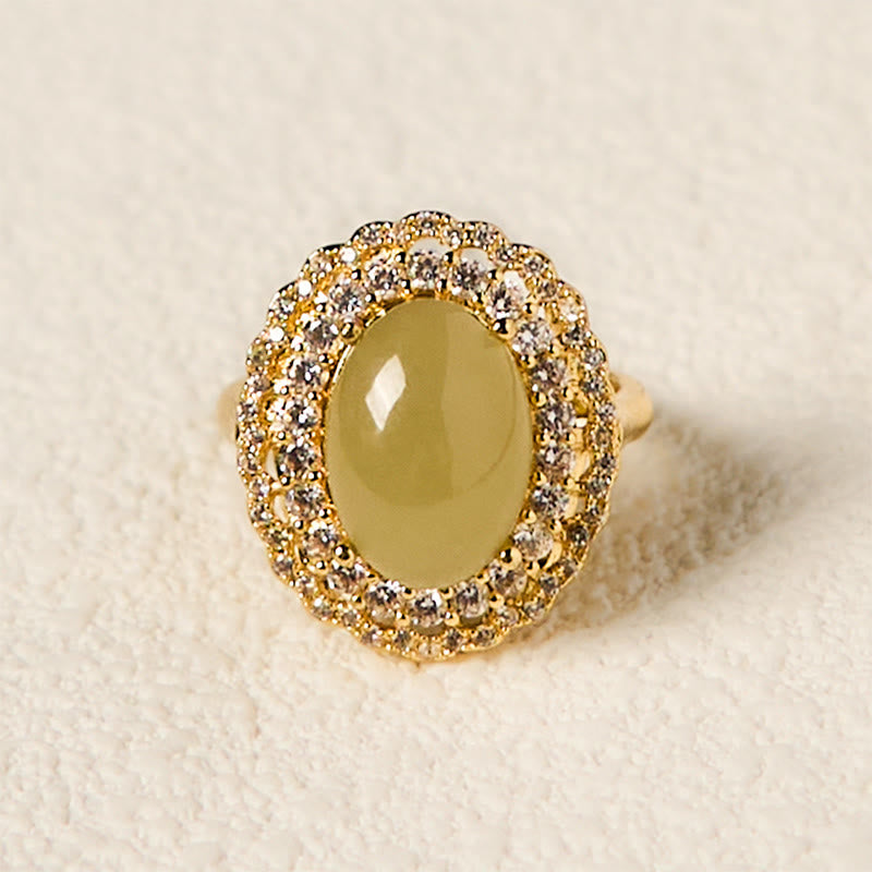 Natural Hetian Jade Egg Hollow Double Circle Zirconia Copper Open Abundance Ring