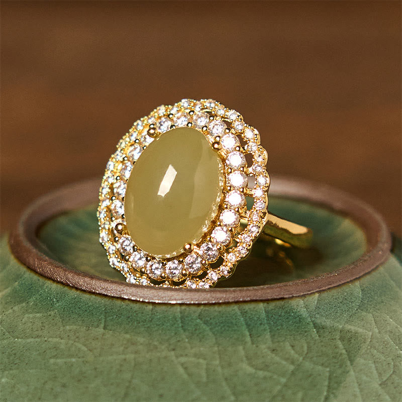 Natural Hetian Jade Egg Hollow Double Circle Zirconia Copper Open Abundance Ring