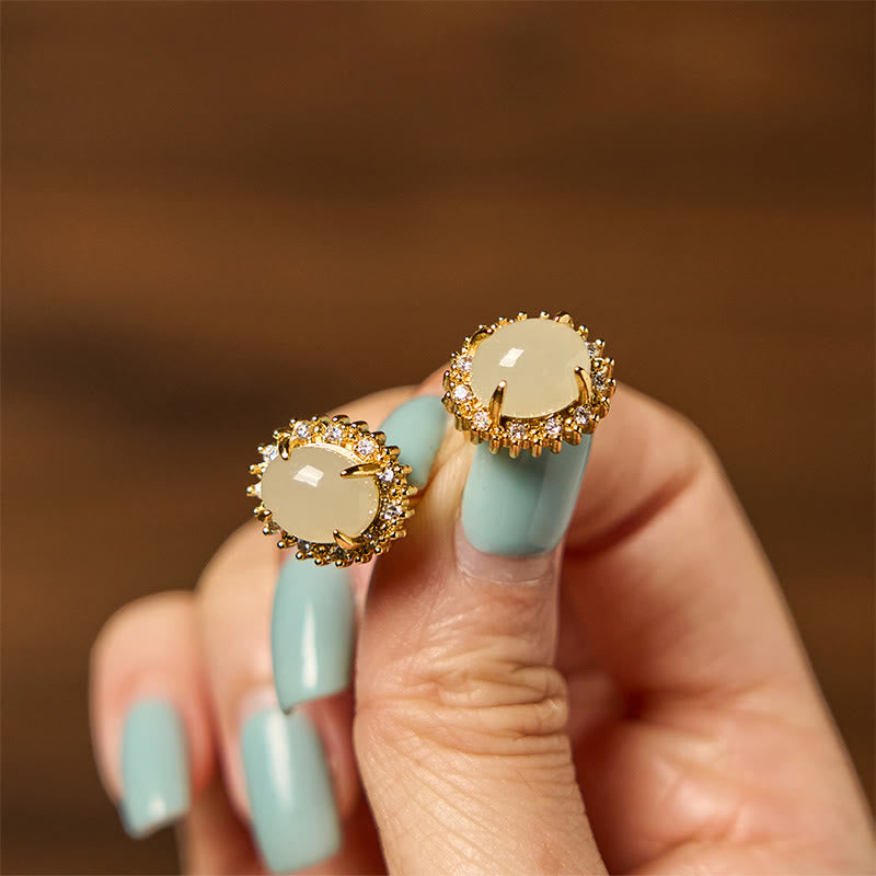 Natural Hetian Jade Egg Copper Gold-Tone Polished Drop Earrings