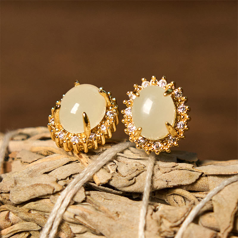 Natural Hetian Jade Egg Copper Gold-Tone Polished Drop Earrings