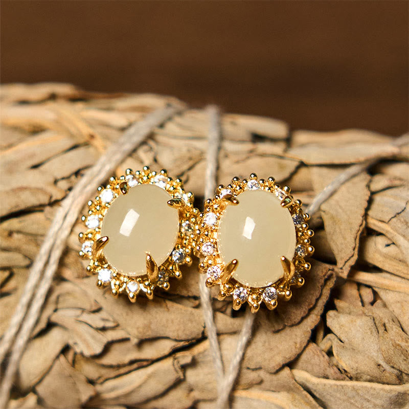 Natural Hetian Jade Egg Copper Gold-Tone Polished Drop Earrings