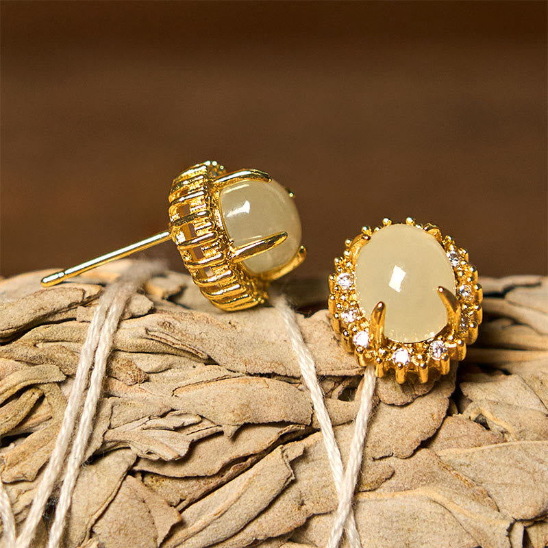 Natural Hetian Jade Egg Copper Gold-Tone Polished Drop Earrings