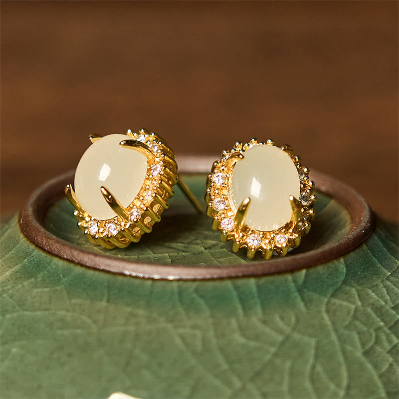 Natural Hetian Jade Egg Copper Gold-Tone Polished Drop Earrings