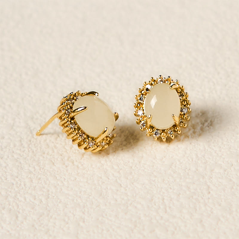 Natural Hetian Jade Egg Copper Gold-Tone Polished Drop Earrings
