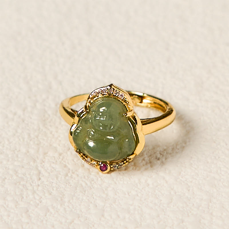 Natural Hetian Jade Egg Gourd Copper Laughing Buddha Open Luck Ring