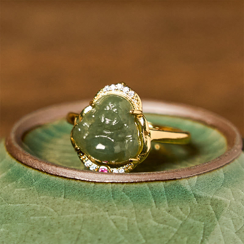 Natural Hetian Jade Egg Gourd Copper Laughing Buddha Open Luck Ring