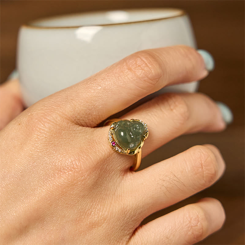 Natural Hetian Jade Egg Gourd Copper Laughing Buddha Open Luck Ring