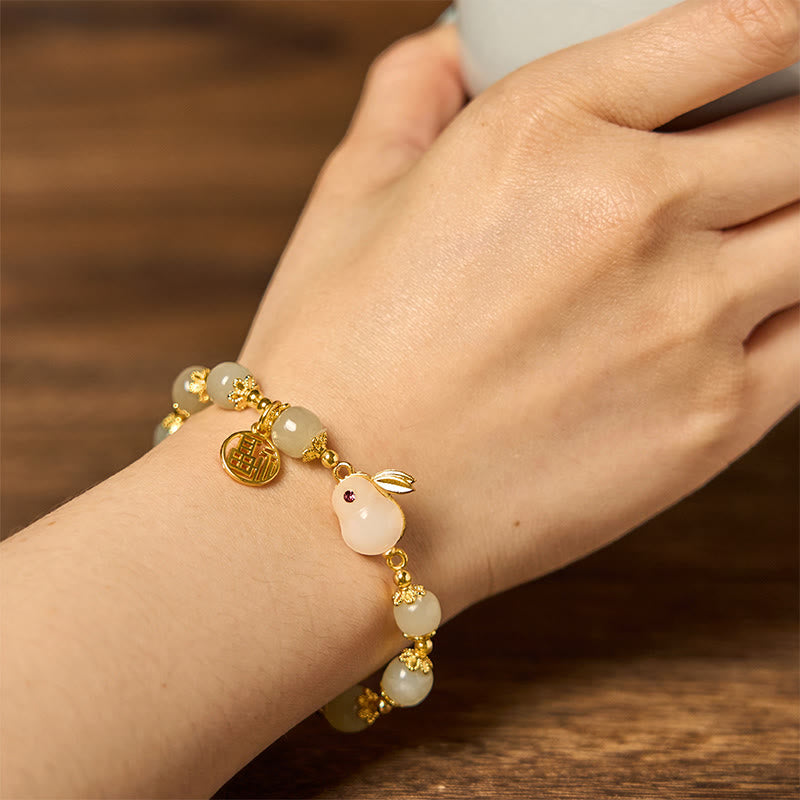 Natural Hetian Jade Beaded Bracelet with Gold Plated Rabbit and Fu Character Charm
