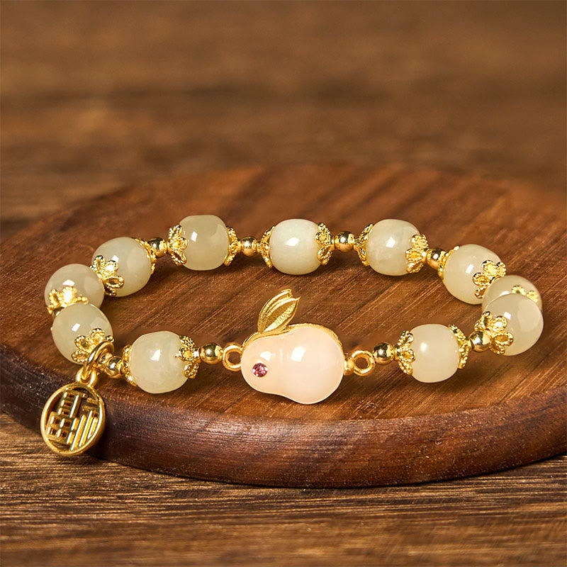 Natural Hetian Jade Beaded Bracelet with Gold Plated Rabbit and Fu Character Charm