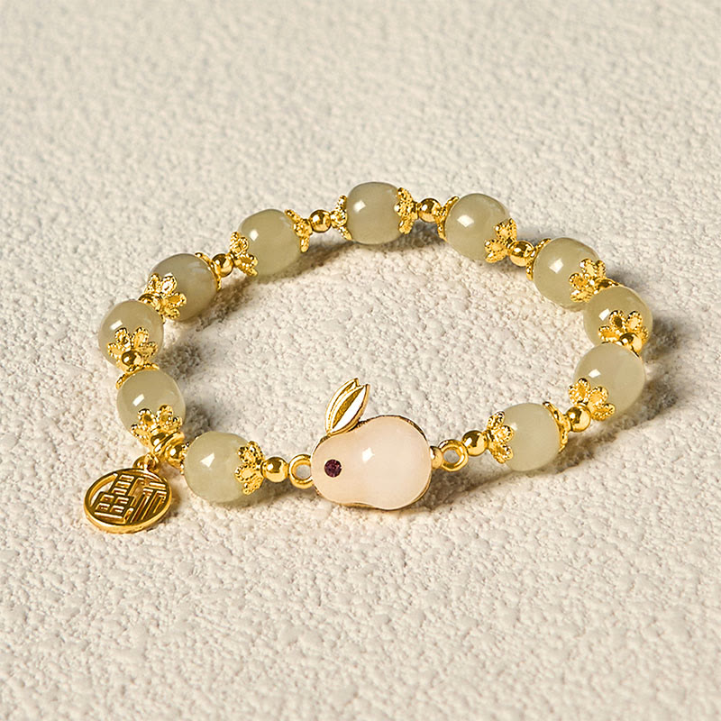 Natural Hetian Jade Beaded Bracelet with Gold Plated Rabbit and Fu Character Charm
