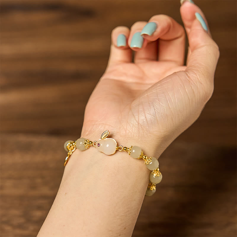 Natural Hetian Jade Beaded Bracelet with Gold Plated Rabbit and Fu Character Charm