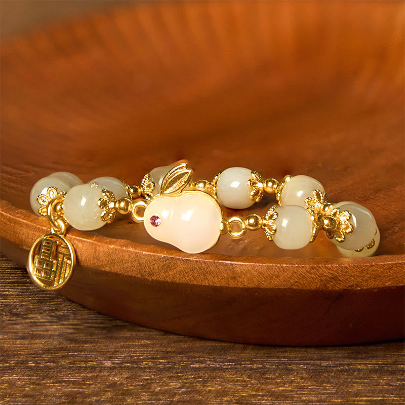 Natural Hetian Jade Beaded Bracelet with Gold Plated Rabbit and Fu Character Charm