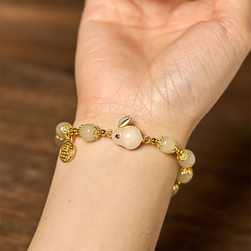 Natural Hetian Jade Beaded Bracelet with Gold Plated Rabbit and Fu Character Charm