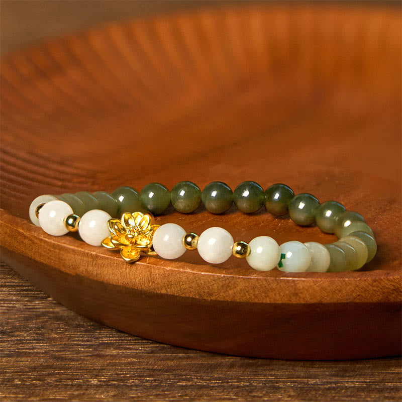Natural Gradient Hetian Jade and Copper Lotus Beaded Bracelet