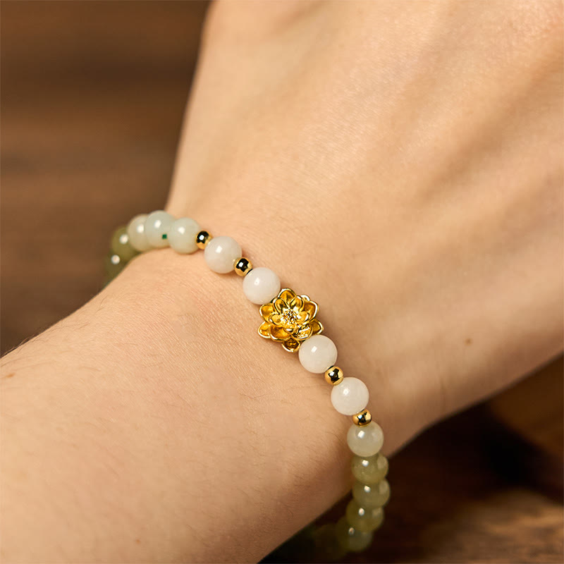 Natural Gradient Hetian Jade and Copper Lotus Beaded Bracelet