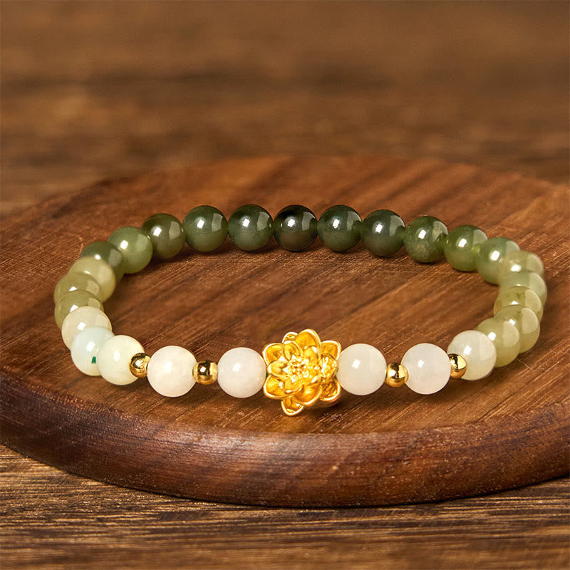 Natural Gradient Hetian Jade and Copper Lotus Beaded Bracelet