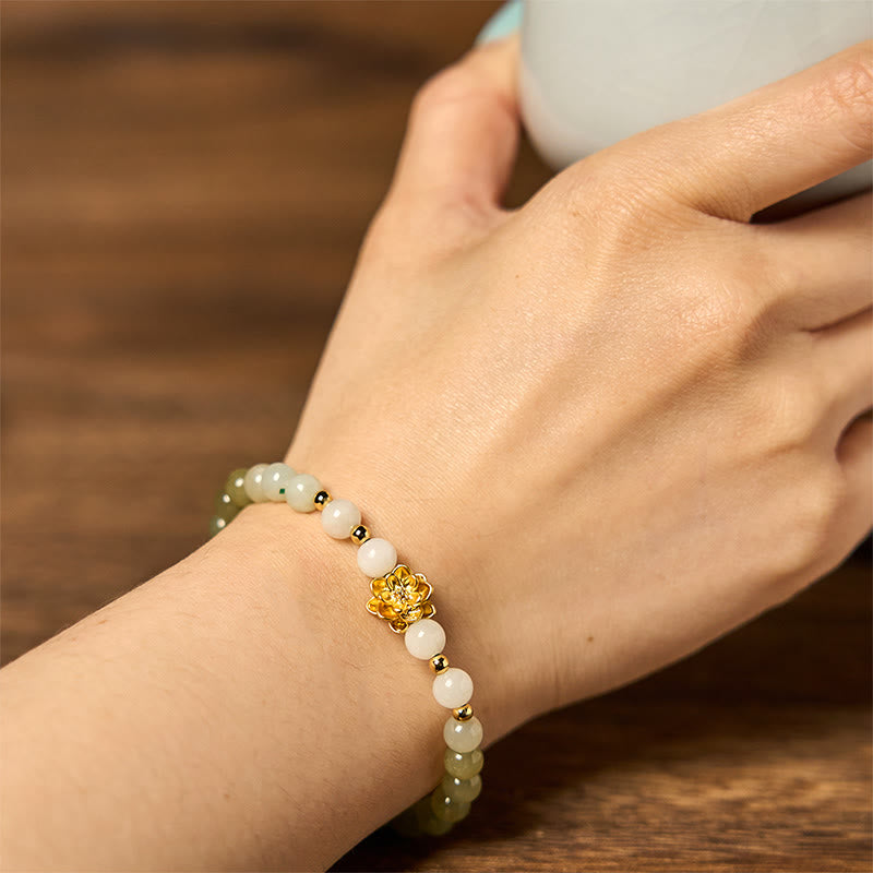 Natural Gradient Hetian Jade and Copper Lotus Beaded Bracelet