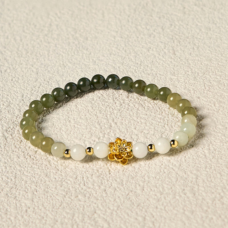 Natural Gradient Hetian Jade and Copper Lotus Beaded Bracelet