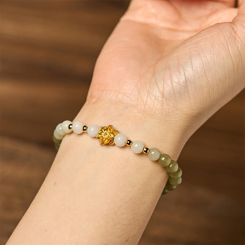 Natural Gradient Hetian Jade and Copper Lotus Beaded Bracelet