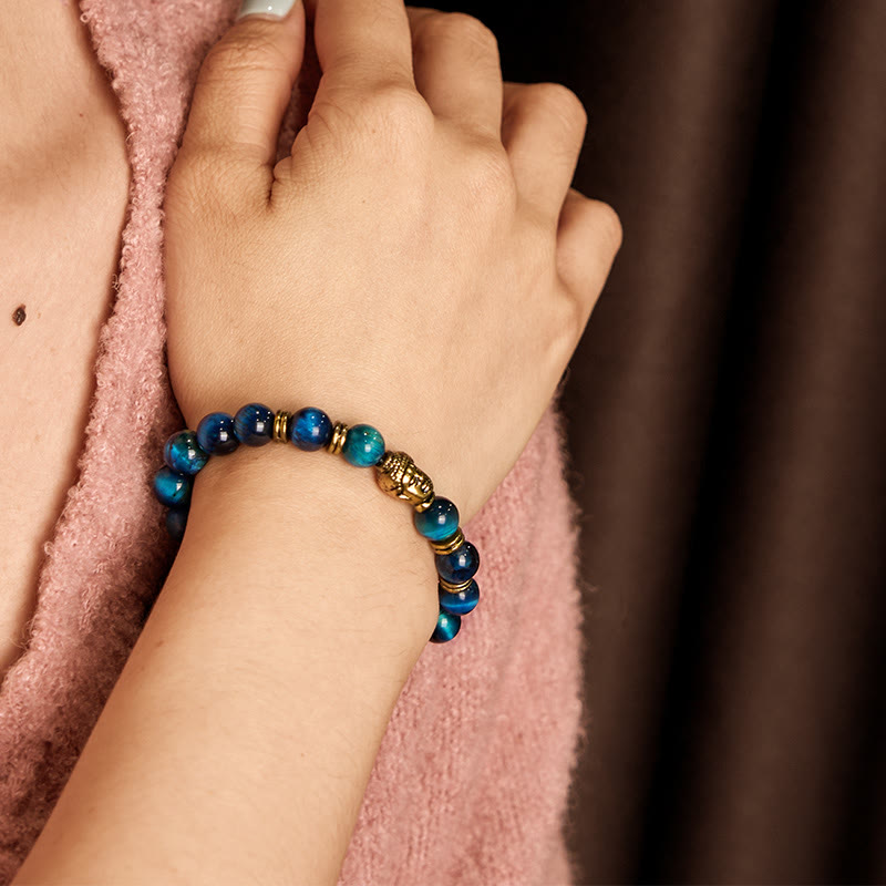 Vibrant Tiger Eye Beaded Bracelet with Buddha Head Charm