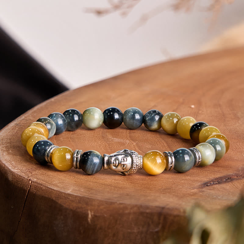 Blue Green Red Tiger Eye Buddha Head Balance Bracelet
