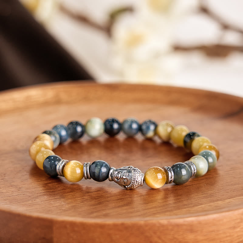 Vibrant Tiger Eye Beaded Bracelet with Buddha Head Charm