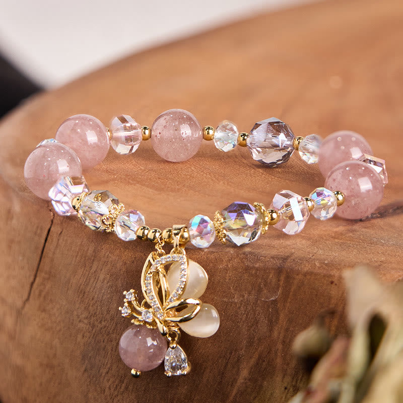 Natural Strawberry Quartz & Clear Quartz Butterfly 18K Gold Copper Bracelet