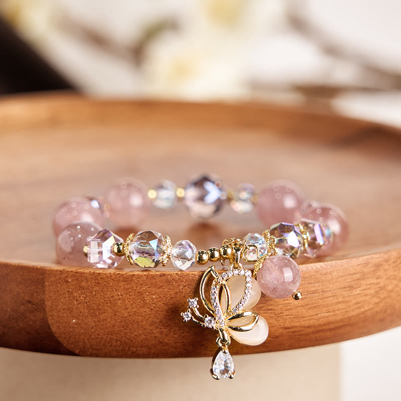 Natural Strawberry Quartz & Clear Quartz Butterfly 18K Gold Copper Bracelet