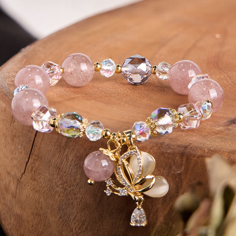 Natural Strawberry Quartz & Clear Quartz Butterfly 18K Gold Copper Bracelet