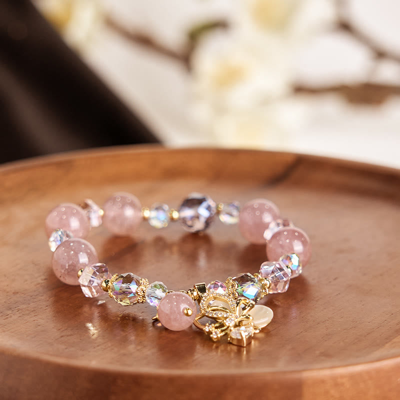 Natural Strawberry Quartz & Clear Quartz Butterfly 18K Gold Copper Bracelet