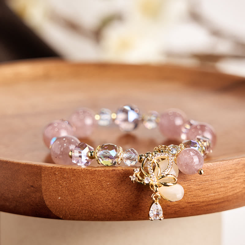 Natural Strawberry Quartz & Clear Quartz Butterfly 18K Gold Copper Bracelet