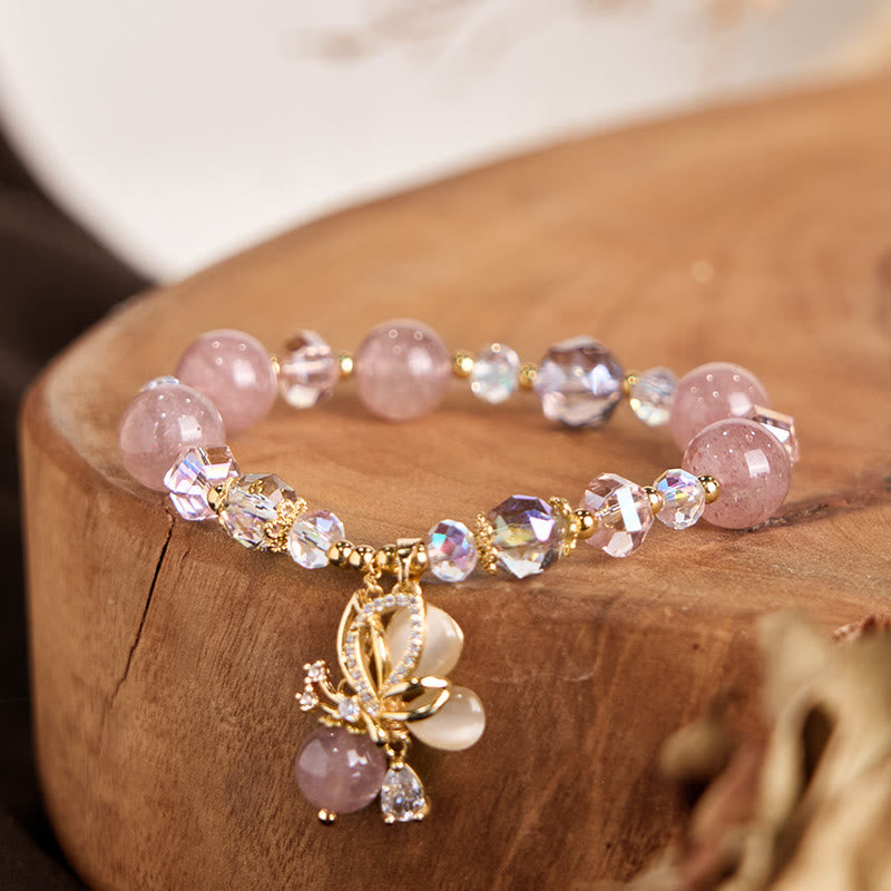 Natural Strawberry Quartz & Clear Quartz Butterfly 18K Gold Copper Bracelet