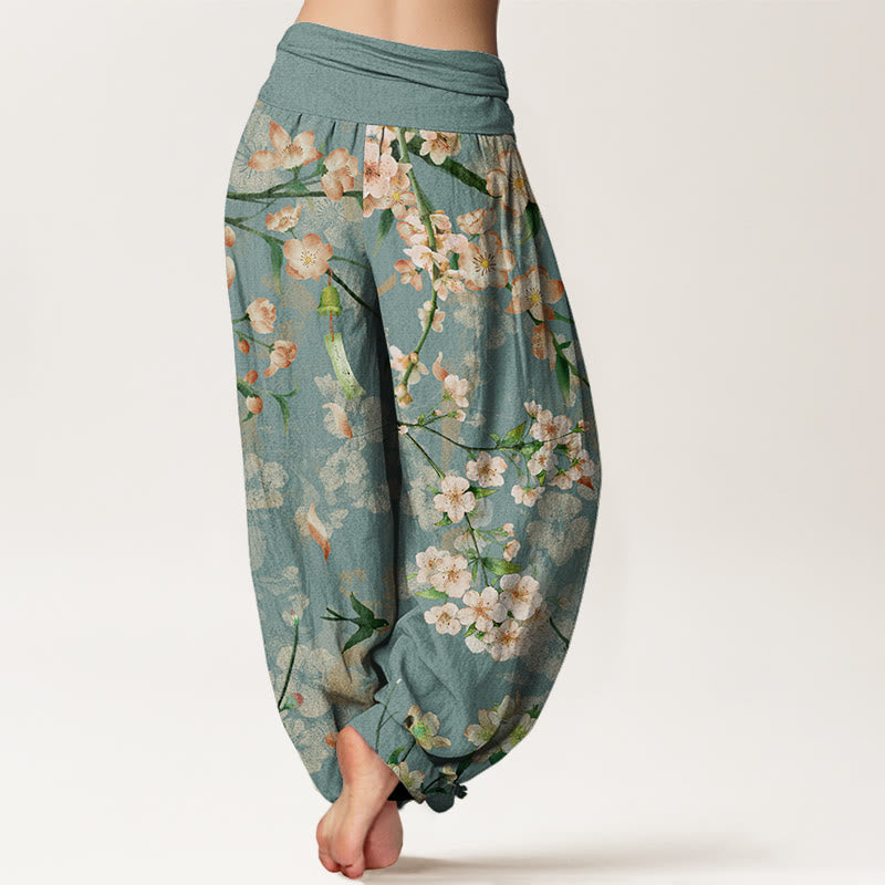 Cotton Peach Blossoms Flying Geese Pattern Women's Elastic Waist Harem Pants