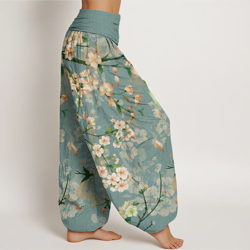 Cotton Peach Blossoms Flying Geese Pattern Women's Elastic Waist Harem Pants