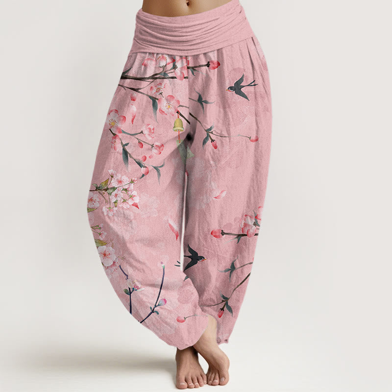 Cotton Peach Blossoms Flying Geese Pattern Women's Elastic Waist Harem Pants