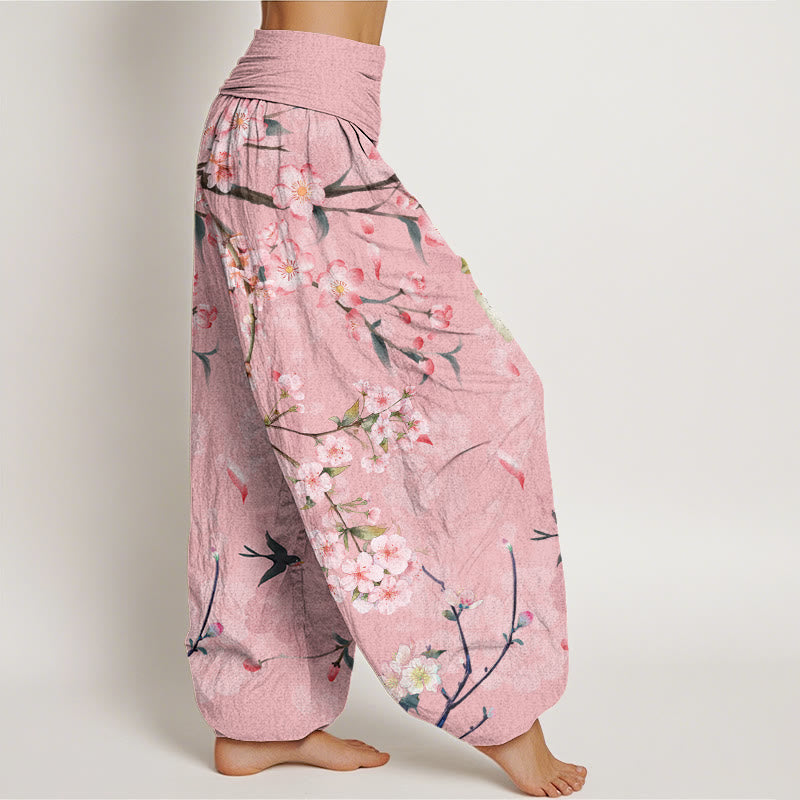 Cotton Peach Blossoms Flying Geese Pattern Women's Elastic Waist Harem Pants